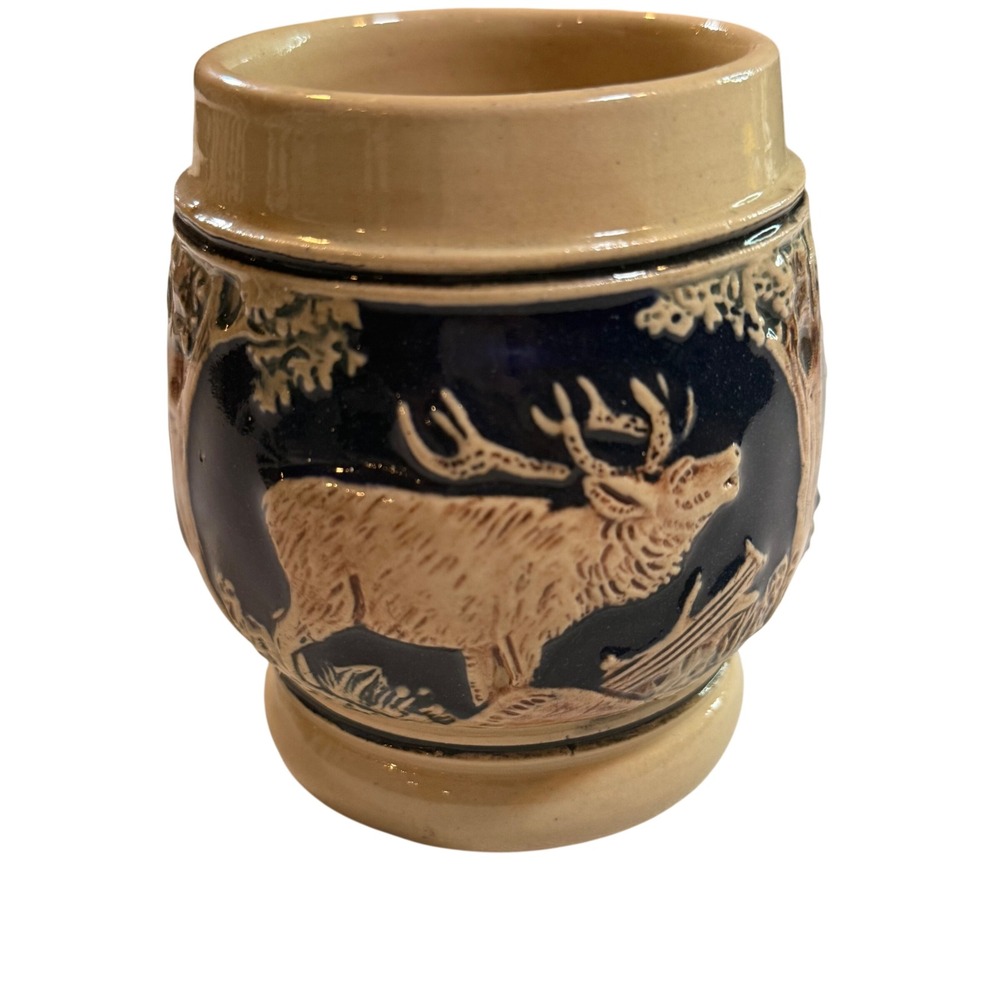 German Ceramic Beer Stein 3.75"x2.6" Blue/Cream 3D Relief Woodland Animals